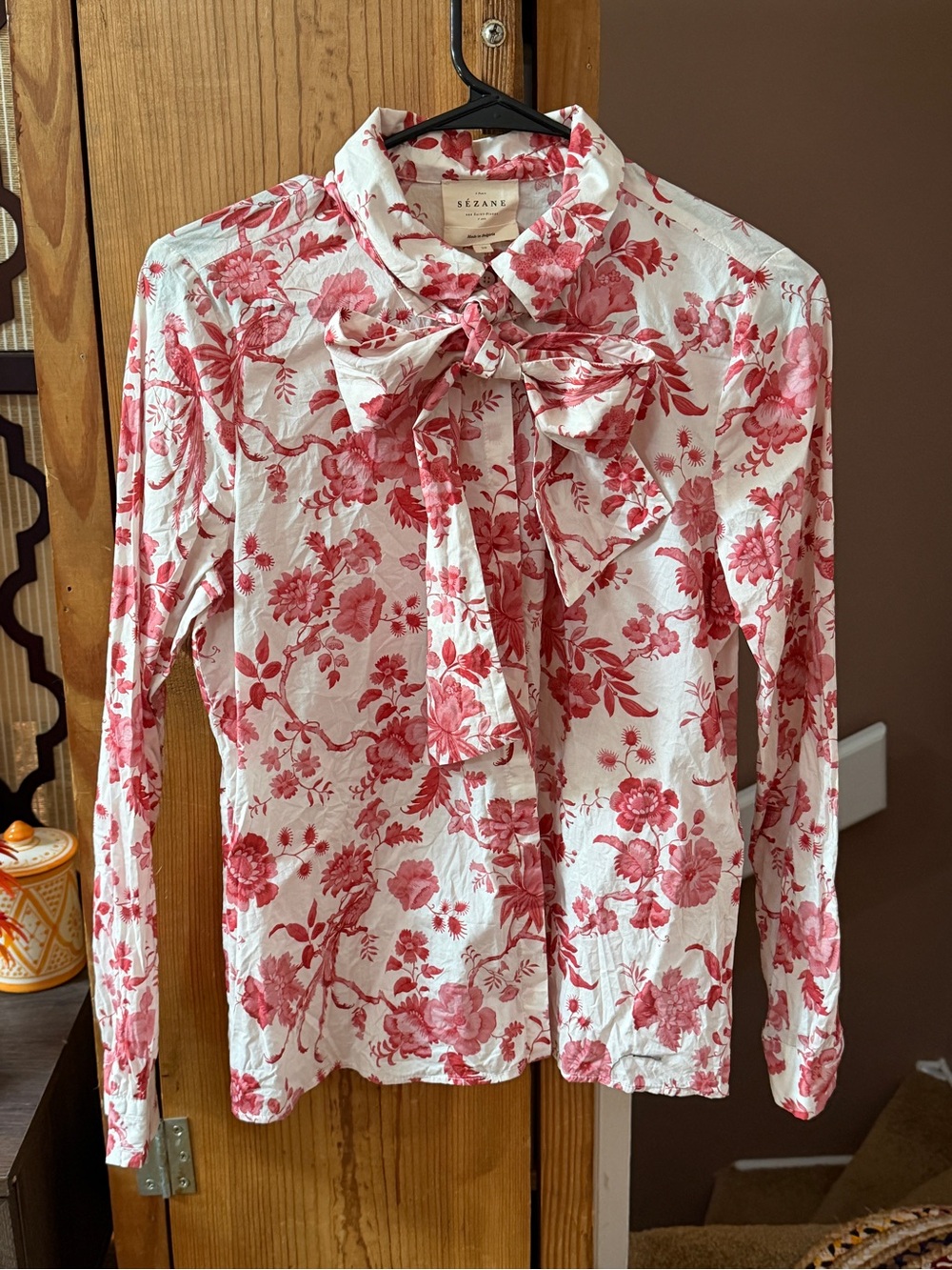 Sezane Pink Floral Tie-Neck Long Sleeve Top
